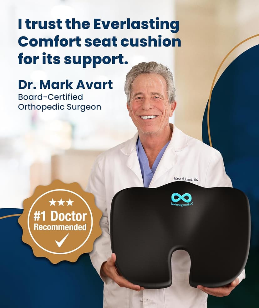 Everlasting Comfort Doctor Recommended Memory Foam Seat Cushion for Office Chairs & Car - Ergonomic Office Desk Accessories - Cushions for Tailbone Pain Relief, Sciatica (Black, X-Large)