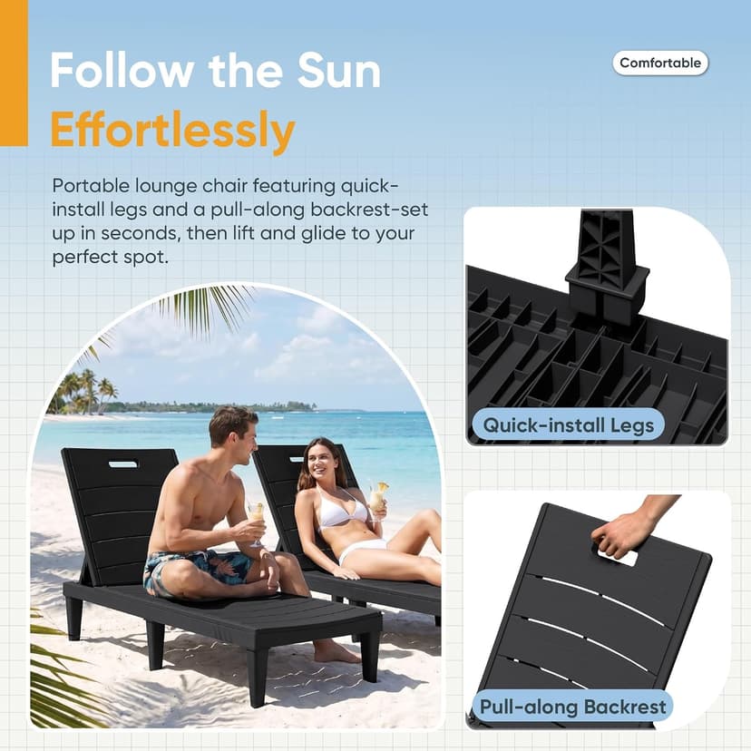 Greesum Outdoor Chaise Lounge Chairs Set of 2 with 5-Position Adjustable Backrest, Waterproof PP Sun Loungers for Garden Pool Beach Patio Deck Sunbathing, Black