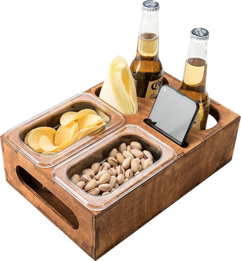 Wood Beer Box - Gift for Beer Lovers, Dad, Man, Him, Boyfriend- Drink Box Snacks Tray- Table Stand Caddy with slots for glasses, chips, nuts- Couch Organizer for Beverages, Remote Control, Phone stand