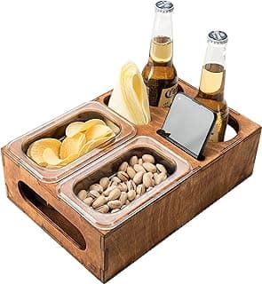 Wood Beer Box - Gift for Beer Lovers, Dad, Man, Him, Boyfriend- Drink Box Snacks Tray- Table Stand Caddy with slots for glasses, chips, nuts- Couch Organizer for Beverages, Remote Control, Phone stand
