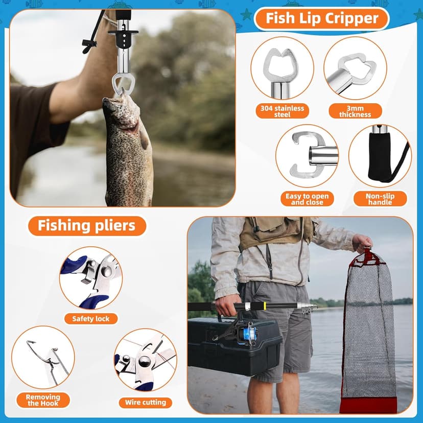 LaRandom Fishing Rod and Reel Combo Telescopic Fishing Pole Kit Collapsible with Plier Lip Gripper Lures Carrier Bag Pre-Loaded Spinning Reel for Beginner Men Travel Saltwater Freshwater