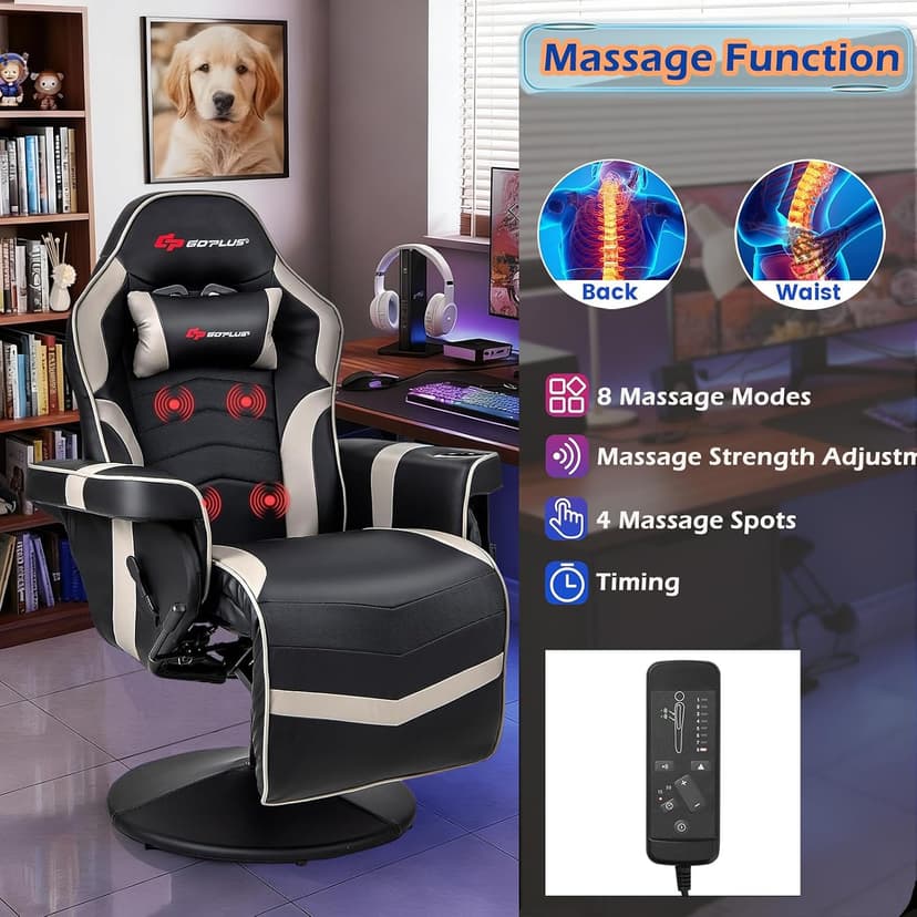 POWERSTONE Gaming Recliner, Adjustable Massage Gaming Chair with Cup Holder Footrest Ergonomic Single Sofa Living Room Home Theater Seating with Side Pouch (Grey)