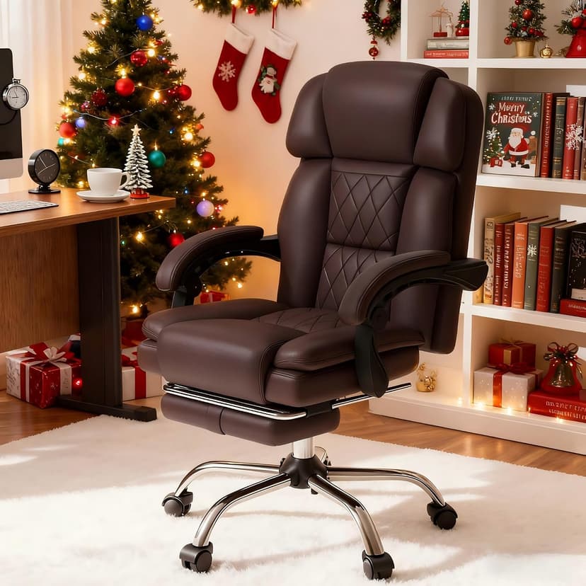 HOMREST 6-Point Massage Office Chair with Heat, Ergonomic Reclining Desk Chair with Footrest, PU Leather Executive Chairs for Home Office, Massaging Computer Chair Gift for Men, Brown