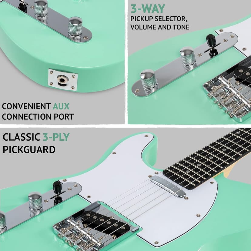 LyxPro 39” Electric Guitar Left Hand TL Series, Full-Size Paulownia Wood Body, 3-Ply Pickguard, C-Shape Neck, Ashtray Bridge, Quality Gear Tuners, 3-Way Switch & Volume/Tone Controls, 2 Picks, Green