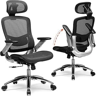 GTPLAYER Big and Tall Ergonomic Mesh Office Chair, High Back Home Desk Chair Computer Gaming Chair with Headrest, Flip-Up Arms, 90-125° Tilt Lock and Wide Cushion, Task Chair for Man Woman-Deep Black