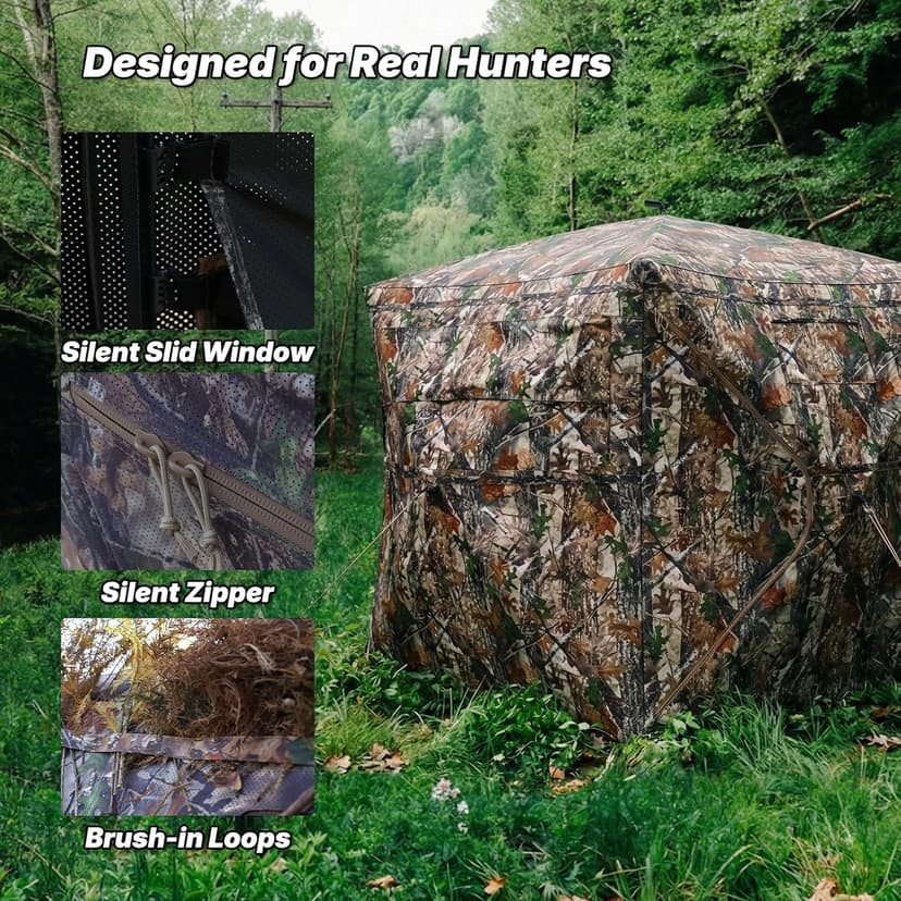 Hunting Blind 360 Degree See Through, 2-3 & 3-4 Person Pop Up Ground Blind for Deer and Turkey, Portable Camouflage Tent with Quiet Zipper Door and Carrying Bag