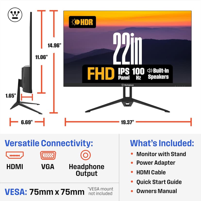 Westinghouse 22 Inch Computer Monitor, 1080P FHD IPS Frameless Gaming Monitor,100Hz, 1ms, Built-in Speakers, Eye Care, Adaptive Sync Support (FreeSync Compatible), HDR, VESA, HDMI & VGA w/Gaming Mode