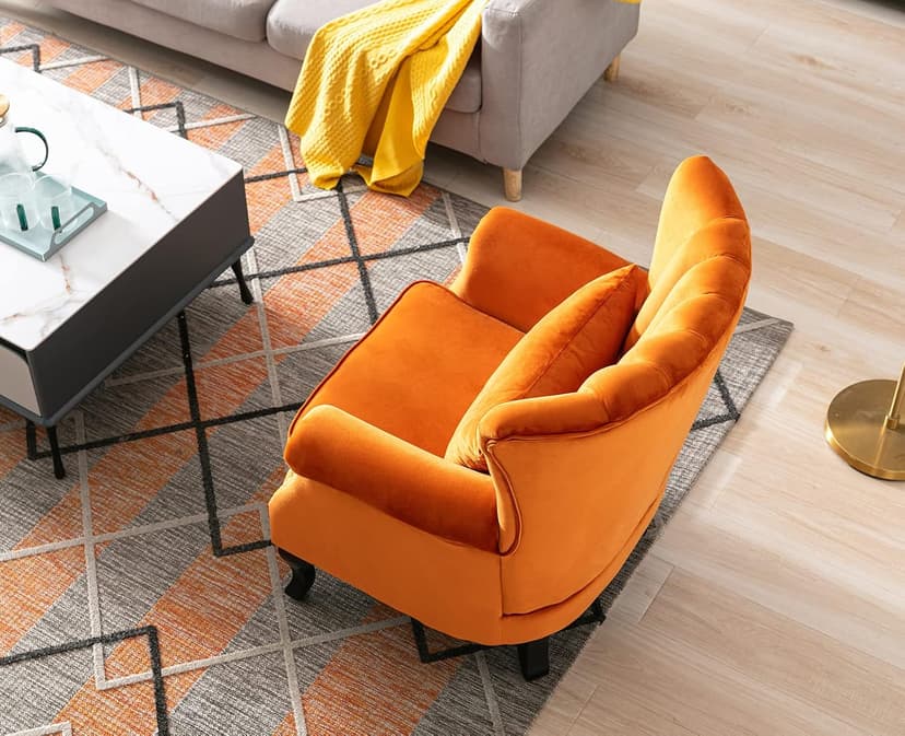 Kmax Orange Accent Chair Velvet Wingback Chair with Pillow Nail-Head Channel Tufted Oversized Club Chair for Living Room Bedroom Guest Room