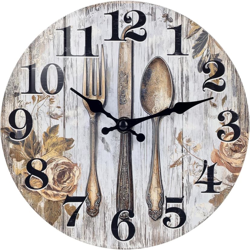 Keepcross Kitchen Wall Clock Fork & Spoon Cutlery Theme Rustic Modern Farmhouse Decor Glass Clock for Kitchen, Dining Room - 8 Inch, Battery Operated
