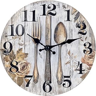 Keepcross Kitchen Wall Clock Fork & Spoon Cutlery Theme Rustic Modern Farmhouse Decor Glass Clock for Kitchen, Dining Room - 8 Inch, Battery Operated