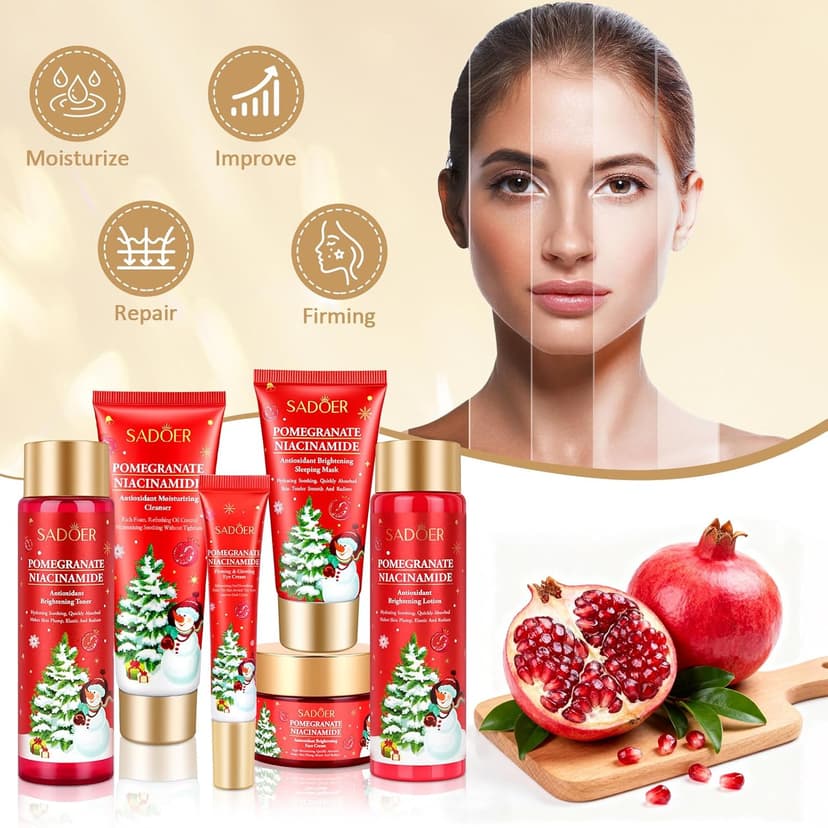 Christmas Gifts 6 Pcs Skin Care Set Pomegranate Moisturize Soothe Hydrate Gifts for Teenage Girls Stocking Stuffers Christmas Gifts for Women-Cleanser,Toner,Lotion,Face Cream,Eye Cream,Sleep Mask