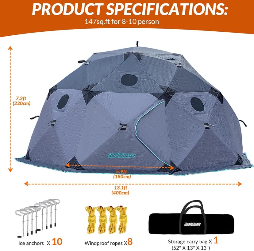 QualyQualy Insulated Pop-Up Tent with Floor - 8-10 Person Ice Fishing Shelter, 147sq.ft Windproof Ice Shack Hut with Stove Jack, Carrying Bag