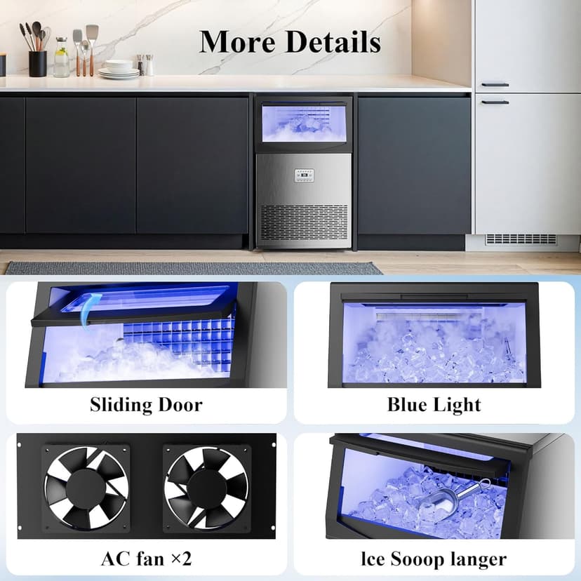 Commercial Ice Maker,200 lbs/24H,96 Cubes in 14 Mins,Stainless Steel Ice Machine with 33 lbs Storage Capacity,Water Filter,Self-Cleaning,Under Counter/Freestanding Ice Maker for Restaurant,Cafe,Home