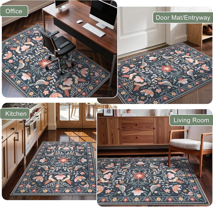 Anidaroel 48"x60" Office Chair Mat for Hardwood Floor/Tile, Black Floor Mat for Office Chairs, Anti-Slip Floral Under Desk Rug for Rolling Chairs, Bird Bug Low Pile Desk Chair Mats for Hardwood