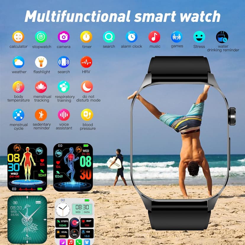 Smart Watch for Men Women, 2.04" AMOLED Color Screen, 24/7 Heart Rate, Blood Oxygen, Blood Pressure, Sleep and Stress Health Monitor, Blood and Body Composition Insights, 150 Sports Modes (Black)