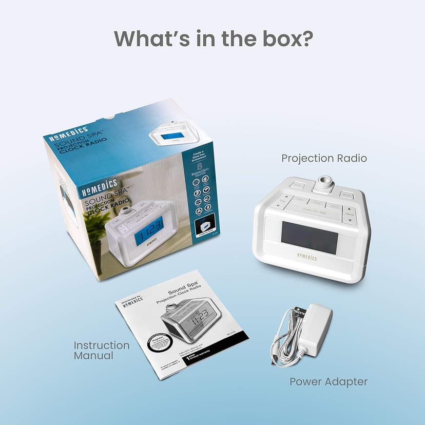 HoMedics Dual Alarm Digital FM Clock Radio Time Projection, 8 Relaxing Nature Sounds, LED Display, Multi-Alarm Snooze, Sleep Timer, Nightlight, Ceiling Clock SoundSpa, White