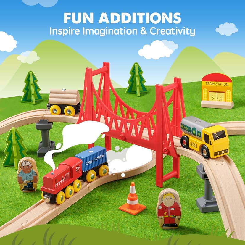 Tiny Land 55PCS Wooden Train Set - Compatible with Major Brand Tracks, Educational Toy for Toddlers & Kids Ages 3-7, Durable Wooden Railway Tracks