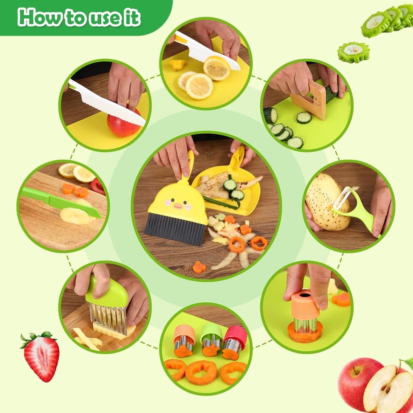 14PC Montessori Toy Safe Kitchen Knife Set for Toddler, Kids Knife Set for Real Cooking with Cutting Board, Gift for 3-12 Year Old Girl Boy Bithday Chistmas, Little Chef Cooking Tool for Kid Age 3-12