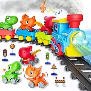 Train Set for Toddlers w/Steam, Music & Lights - Electric Train Toys for Kids w/Tracks Accessories, Including 3 Dinosaur Car and 3 Trailer; Gifts for 1-3 4 5 6+ Years Old Boys Girls