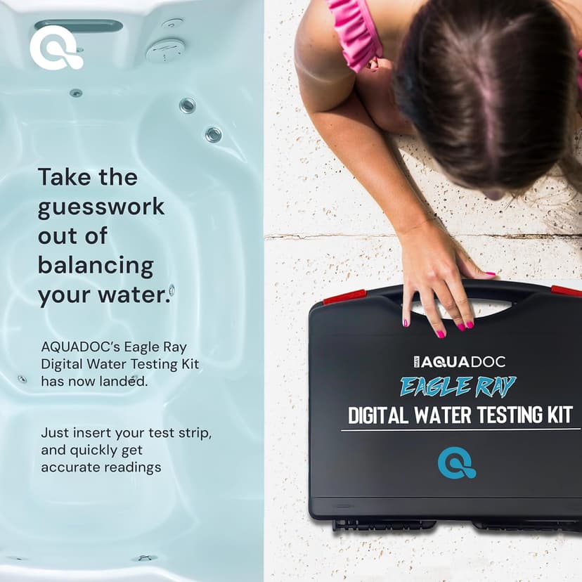 Eagle Ray Digital Water Testing Kit for Spa & Pool - Digital Hot Tub Water Tester by AquaDoc with Analyzer & Hot Tub Test Strips for Chlorine, Bromine, Total Hardness, pH and More