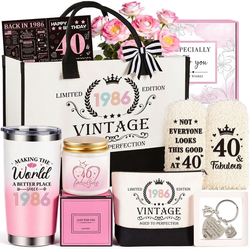 40th Birthday Gifts Women, Vintage 1986 Happy 40th Birthday Gifts Basket for Women Unique Gift Ideas for 40 Year Old Woman, Mom, Wife, Girlfriend, Sister, Friend, Funny Bthday Gift Turning 40 Year Old B0FY6F5MKZ
