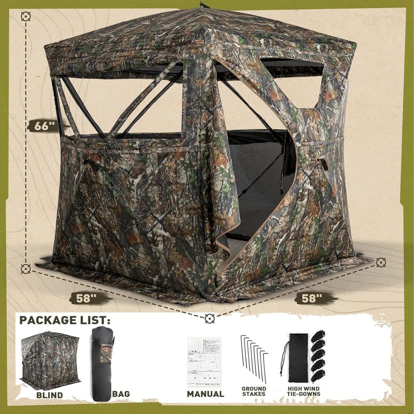 Lenotos Hunting Blind 270° See Through, Low-Noise 2-3 Person Pop Up Deer Blind, Portable Durable Ground Blind for Deer & Turkey Hunting