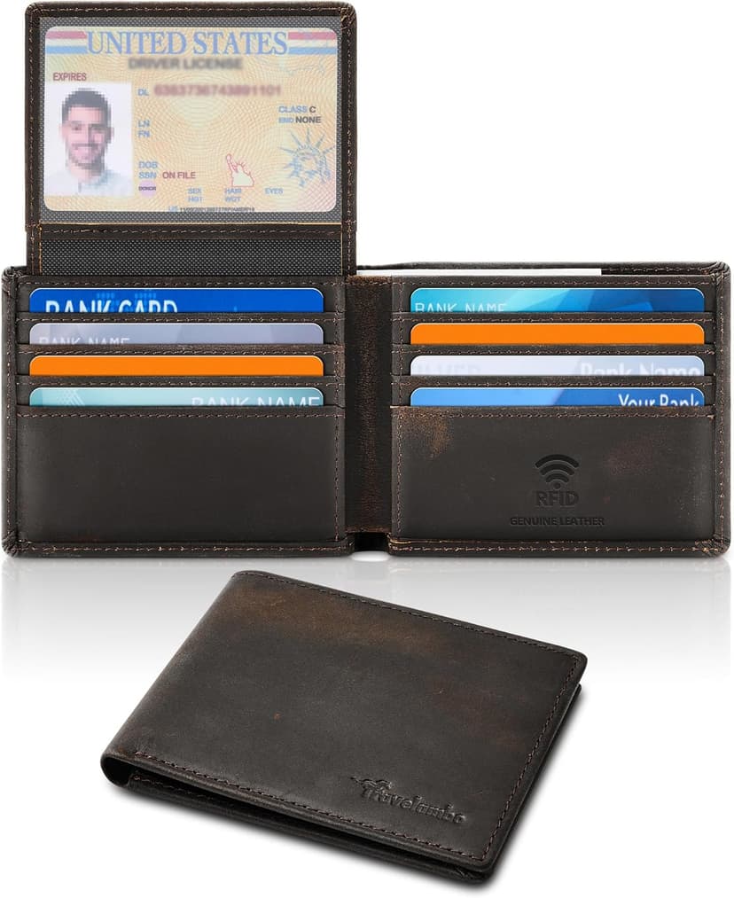 Travelambo Genuine Leather Wallet for Men with Gift Box - Handmade Bifold Stylish - Mens Wallets Rfid Blocking with 2 ID Windows