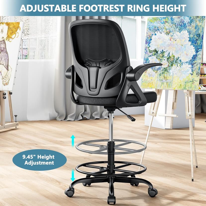 Kensaker Drafting Chair Tall Office Chair, Ergonomic Standing Desk Chair with Adjustable Foot Ring and Flip-up Armrests, Mesh Computer Chair for Art Studio, 300 LBS, Black