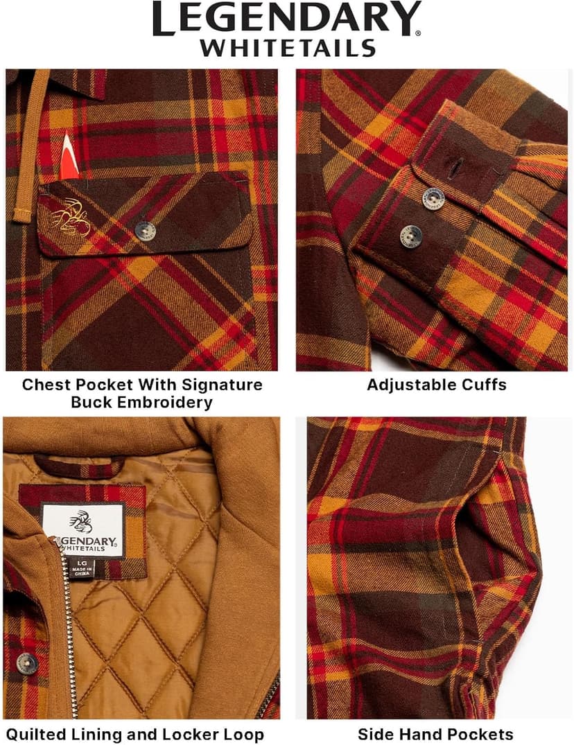 Legendary Whitetails Men's Plaid Flannel Shirt Jacket Quilted with Hood Polyfill Insulated