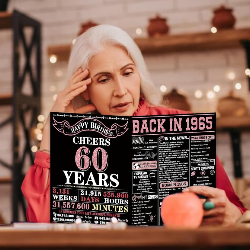 YiKaLus Big 60th Birthday Card for Women, Vintage 60 Year Old Gifts for Mom Sister Friends, Rose Gold Back in 1965 Bday decorations