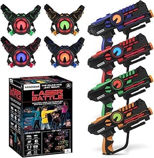 ArmoGear Set of 4 Laser Tag Guns with Vests - Laser Tag Set for Kids and Adults - Toy Guns with 150 ft Range, Night Vision, Invisibility Mode - Battery Operated - Multiplayer Outdoor Game for Ages 8+