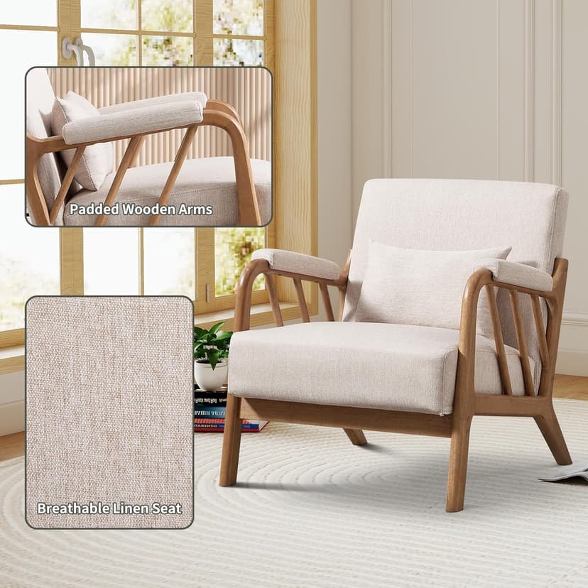 IOMOR Mid Century Modern Accent Chair with Solid Wood Frame Linen Fabric, Upholstered Living Room Chairs with Lumbar Cushion Padded Arms, Reading Armchair for Bedroom (1, Warm Beige)