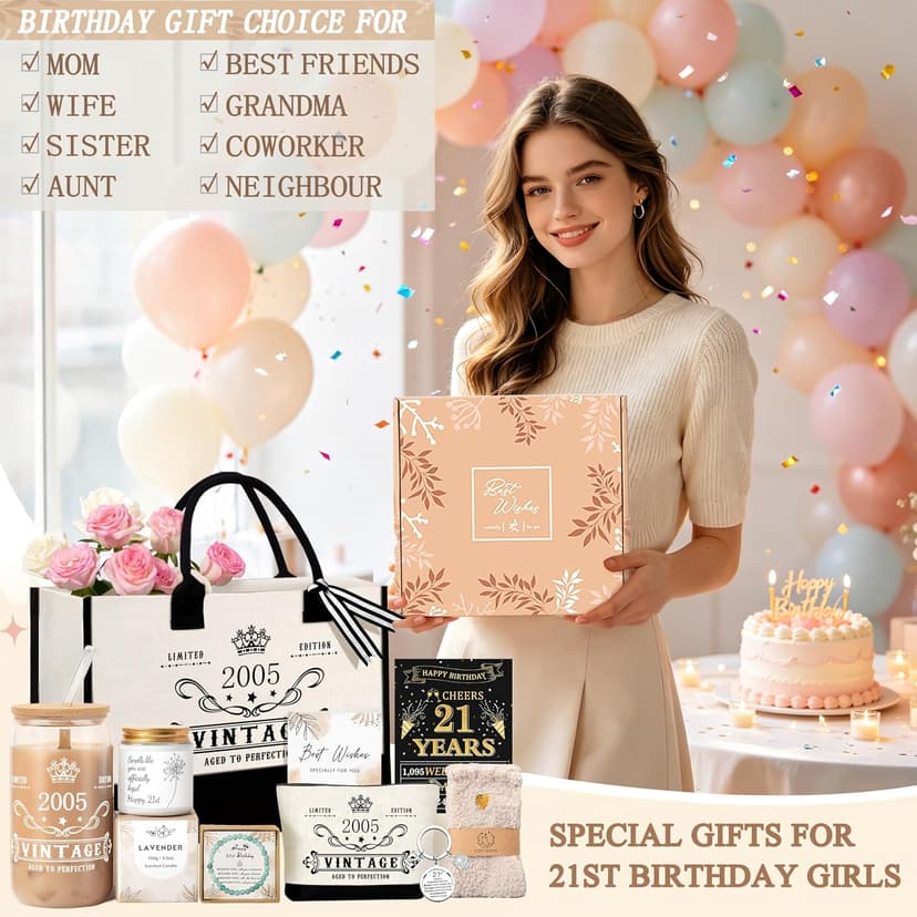 Jumway 21st Birthday Gifts for Women, Happy 21 Year Old Birthday Gifts for Women, Glass Cup & Canvas Tote 2005 Decorations & Ideas for Sister Daughter Girlfriend Her Friends B0GZ3YB5T7