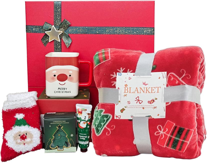 2025 Christmas Gift Set for Women, Holiday Gift Box with Cozy Blanket, Hand Cream, Santa Mug, Scented Candle & Fuzzy Socks, Christmas Gift Basket for Mom, Sister, Best Friend or Coworker