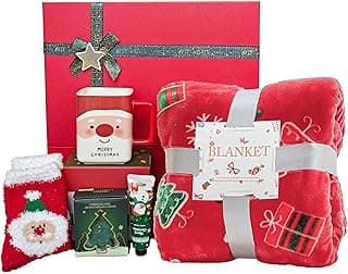2025 Christmas Gift Set for Women, Holiday Gift Box with Cozy Blanket, Hand Cream, Santa Mug, Scented Candle & Fuzzy Socks, Christmas Gift Basket for Mom, Sister, Best Friend or Coworker