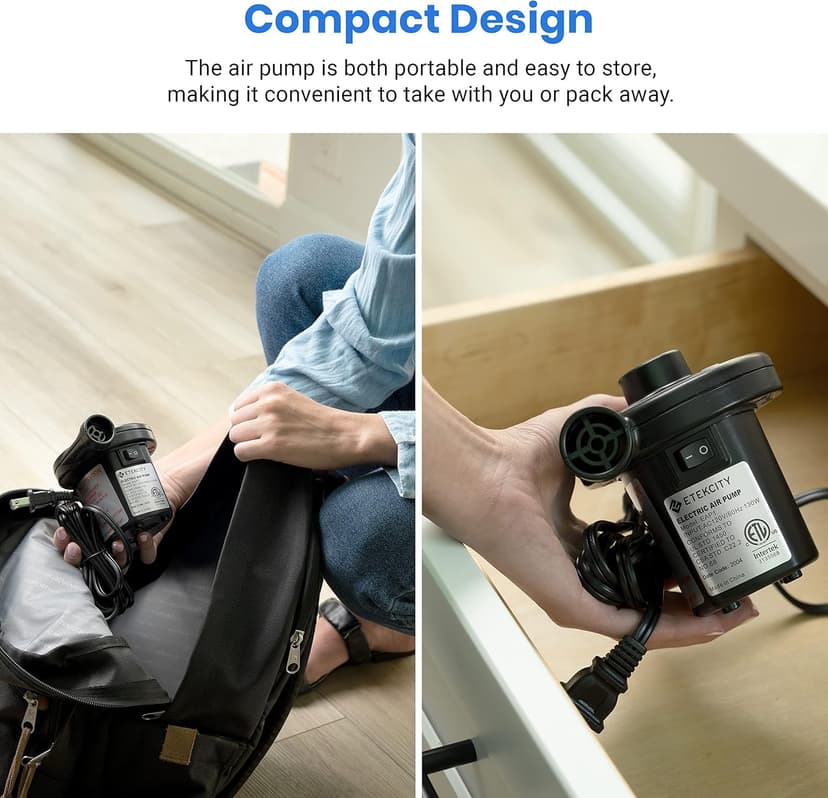 Etekcity Air Pump for Inflatables, Portable Electric Air Mattress Pump, Quick-Fill Perfect Inflator/Deflator for Couch, Blow up Pool Floats Raft Bed Boat Toy with Nozzles, 110-120V, Black