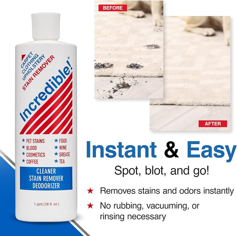 INCREDIBLE! Stain Remover - Instant Spot Remover For New and Old Stains - Blood, Red Wine, Coffee, Urine, Cosmetics, Pet Stains and Odor Eliminator - Carpets, Mattress, Laundry, 16.oz (2 Pack)