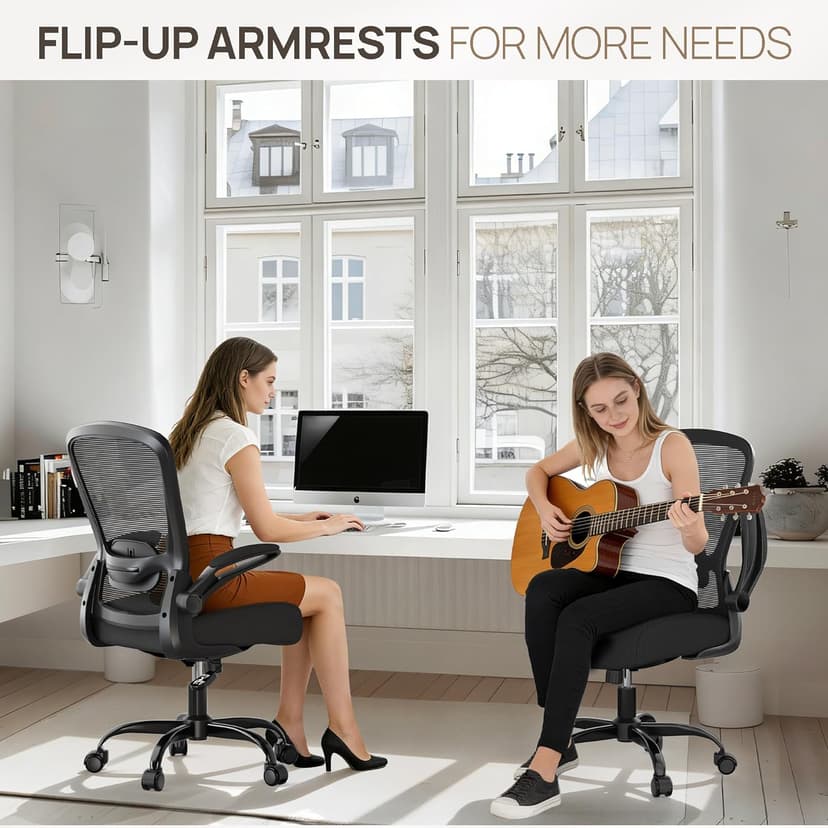 Mimoglad Ergonomic Office Chair - Desk Chair with Flip-up Armrests & 135° Recline, Adjustable Lumbar Support - Space-Saving Task Chair for Business/Team Office & Home (Black, 350lbs)