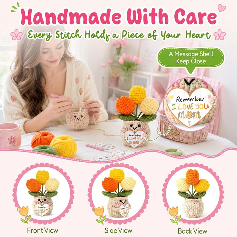 Mom Birthday Gifts, Mother Daughter Gift, Positive Crochet, Handmade Keepsake, Soft Yarn Texture, Cute Tulip Decor OASSIE Mom Gifts from Daughters Sons - Emotional Support Crochet Tulip