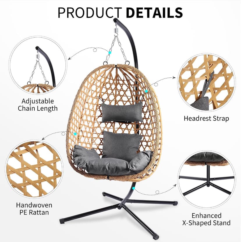 LEX CRAFT Egg Chair with Stand, Patio Wicker Hanging Chair, Hammock Swing Chair, 350LBS Capacity for Bedroom, Balcony, Garden (YE-GR)