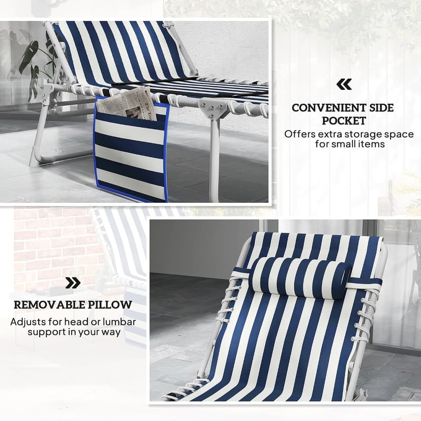 Outsunny Tanning Chair with Face Hole, Side Table, 5-Position Reclining Folding Chaise Lounge Chair Outdoor Lounger Recliner, Carry Straps for Beach Pool Camp, Oxford Fabric, Blue and White