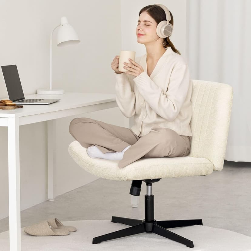 Orange Factory Criss Cross Chair No Wheel Wide Cross Legged Office Desk Vanity Chair Comfy Fabric Armless Adjustable Swivel for Home Computer Task (Beige No Wheel, Classic Fabric)
