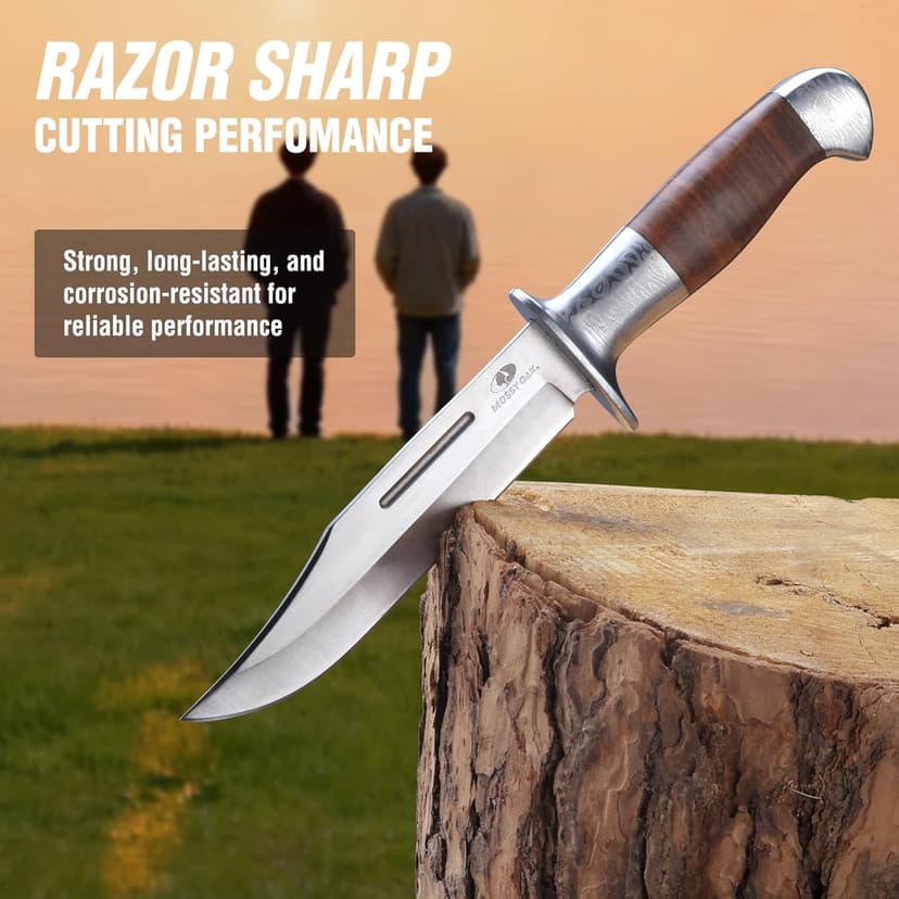 Mossy Oak Fixed Blade Bowie Knife, 2-piece Hunting Knife with Leather Handle Featuring Laser Pattern, Sheath Included