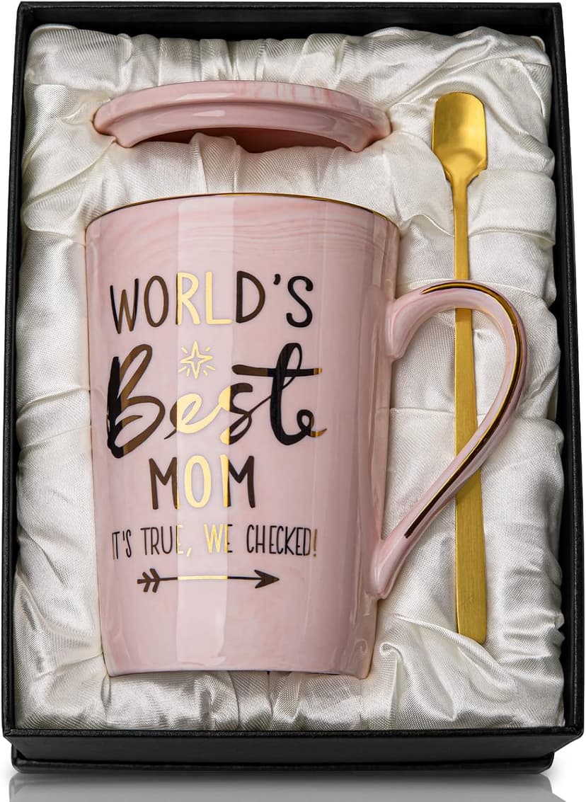 Unique Marble Gold Print Coffee Cup with Lid, Spoon, Greeting Card, Happy Moms Mothers Day Gifts Idea, Luxury Gift Boxed Set Birthday Gifts for Mom from Daughter Son, 14oz Funny Best Mom Mug, Pink B09Z7KFN1Y