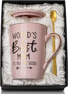 Unique Marble Gold Print Coffee Cup with Lid, Spoon, Greeting Card, Happy Moms Mothers Day Gifts Idea, Luxury Gift Boxed Set Birthday Gifts for Mom from Daughter Son, 14oz Funny Best Mom Mug, Pink B09Z7KFN1Y