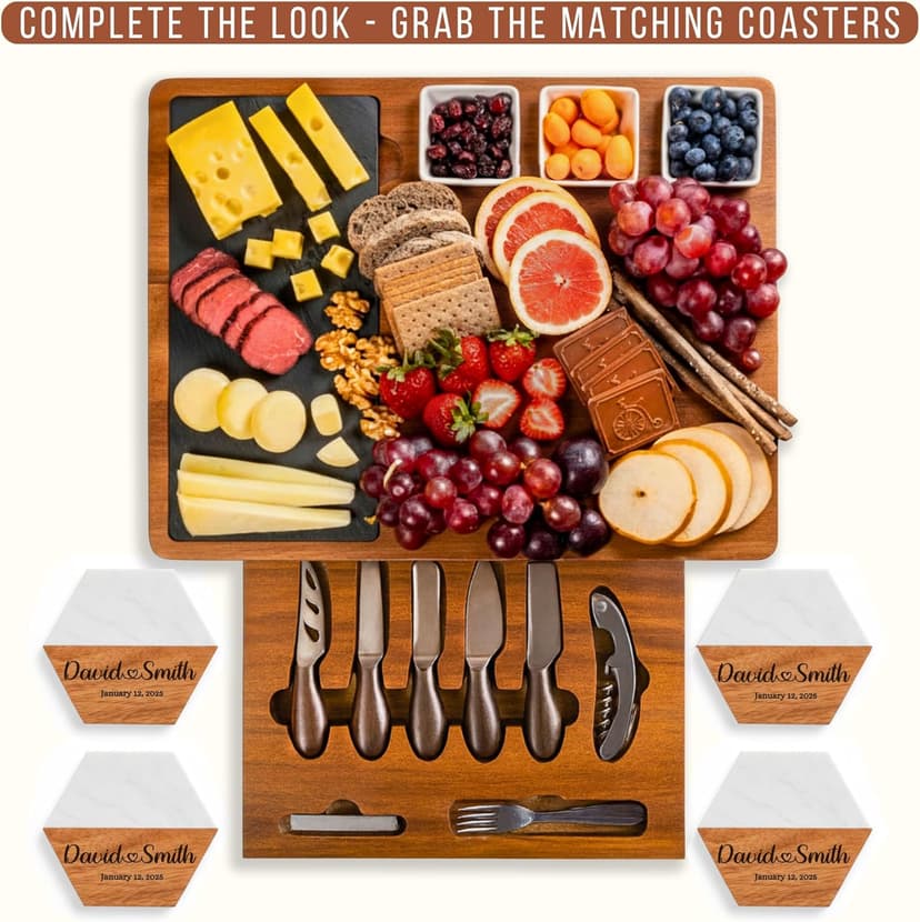 Personalized Acacia Wood Charcuterie Board Set with Stainless Steel Knives – Custom Cheese Board Gift for Wedding, Christmas, Housewarming, Bridal Shower, Anniversary, Women and Couples, Gifts for Her