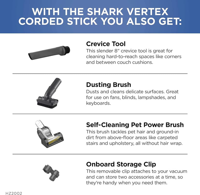 Shark Corded Stick Vacuum Cleaner | Vertex Ultralight | Removable Handheld Vacuum | Pet Hair Vacuum for Carpet and Hard Floor | Powerful Suction | No Hair Wrap | 3 Attachments Included | HZ2002