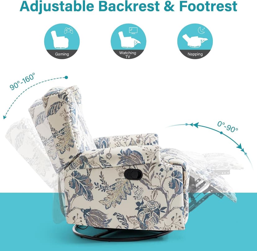 Swivel Glider Floral Recliner Chairs Set of 2, High Back Swivel Rocker Fabric Accent Chair for Living Room, Rivet Trim Upholstered Armchair Manual Sofa Seating - Plants Blue