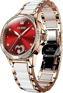 OLEVS Womens Automatic Watch, Premium Large Face Diamond Accented Self Winding Watches for Women, Fashion Waterproof Ladies Dress Watch, Two Tone Stainless Steel Ceramic Bracelet