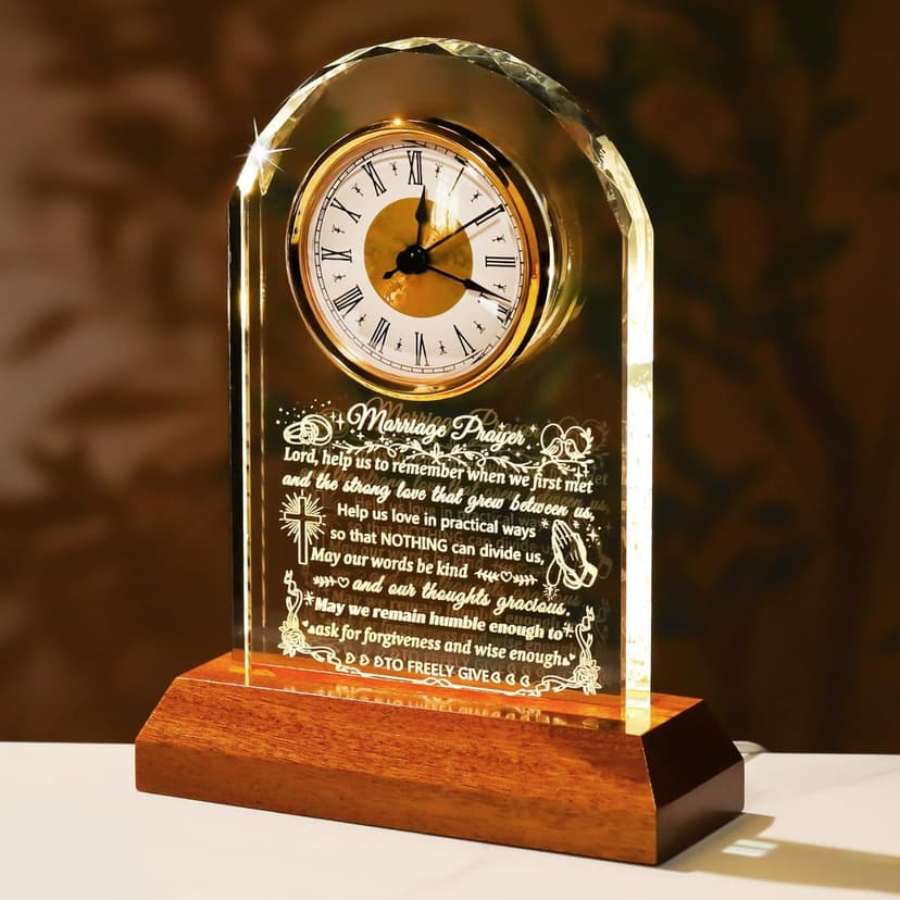 Ornalrist Wedding Gifts for Couples 2025 - Glass Clock with Wooden Light Base Happy Anniversary Marriage Prayer Wedding Gifts for Bride and Groom Engagement Newlywed Mr Mrs Gifts